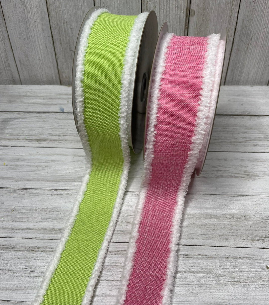 Pink OR Green linen with white fluffy edge 1.5” wired ribbon - Greenery MarketWired ribbon110642 GREEN