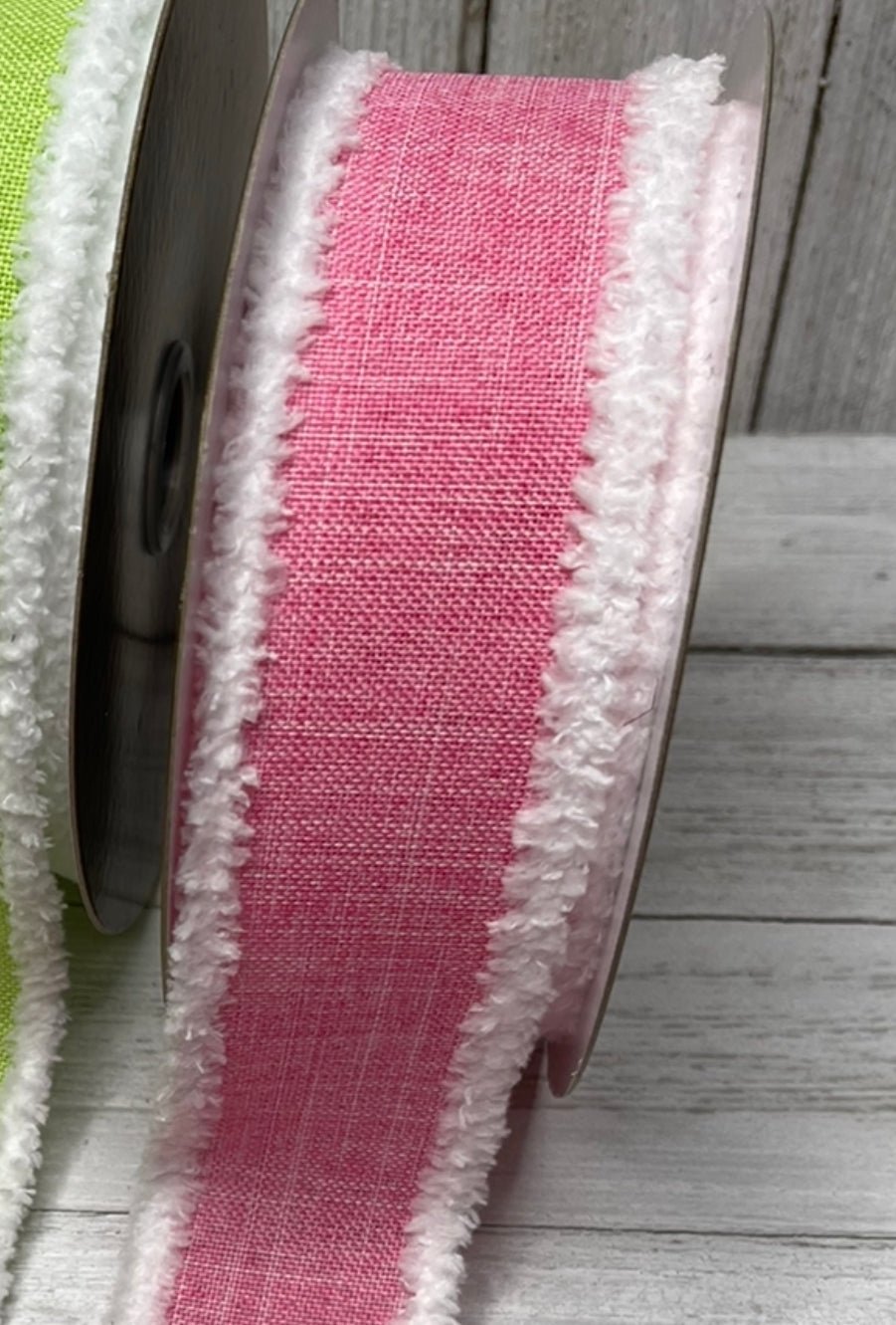 Pink OR Green linen with white fluffy edge 1.5” wired ribbon - Greenery MarketWired ribbon110642 PINK