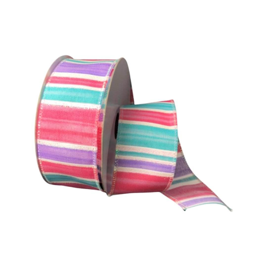 Pink, purple, and aqua watercolor stripe wired ribbon, 1.5
