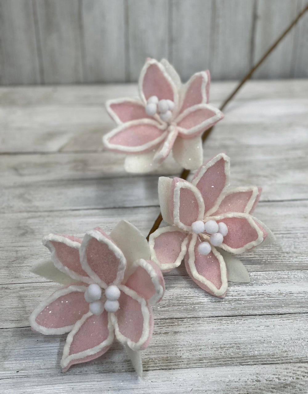 Pink / white Frosty Felt poinsettia spray - Greenery MarketWinter and ChristmasMTX67138