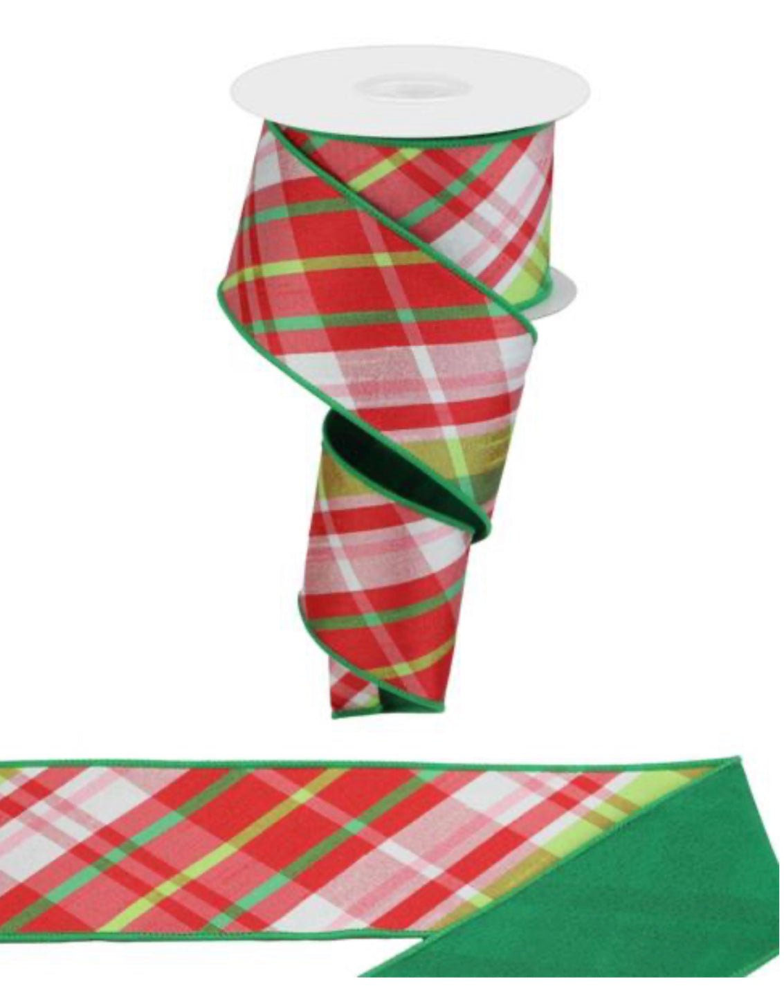 plaid red, pink, and green with green back 2.5” wired ribbon - Greenery MarketRGX005133