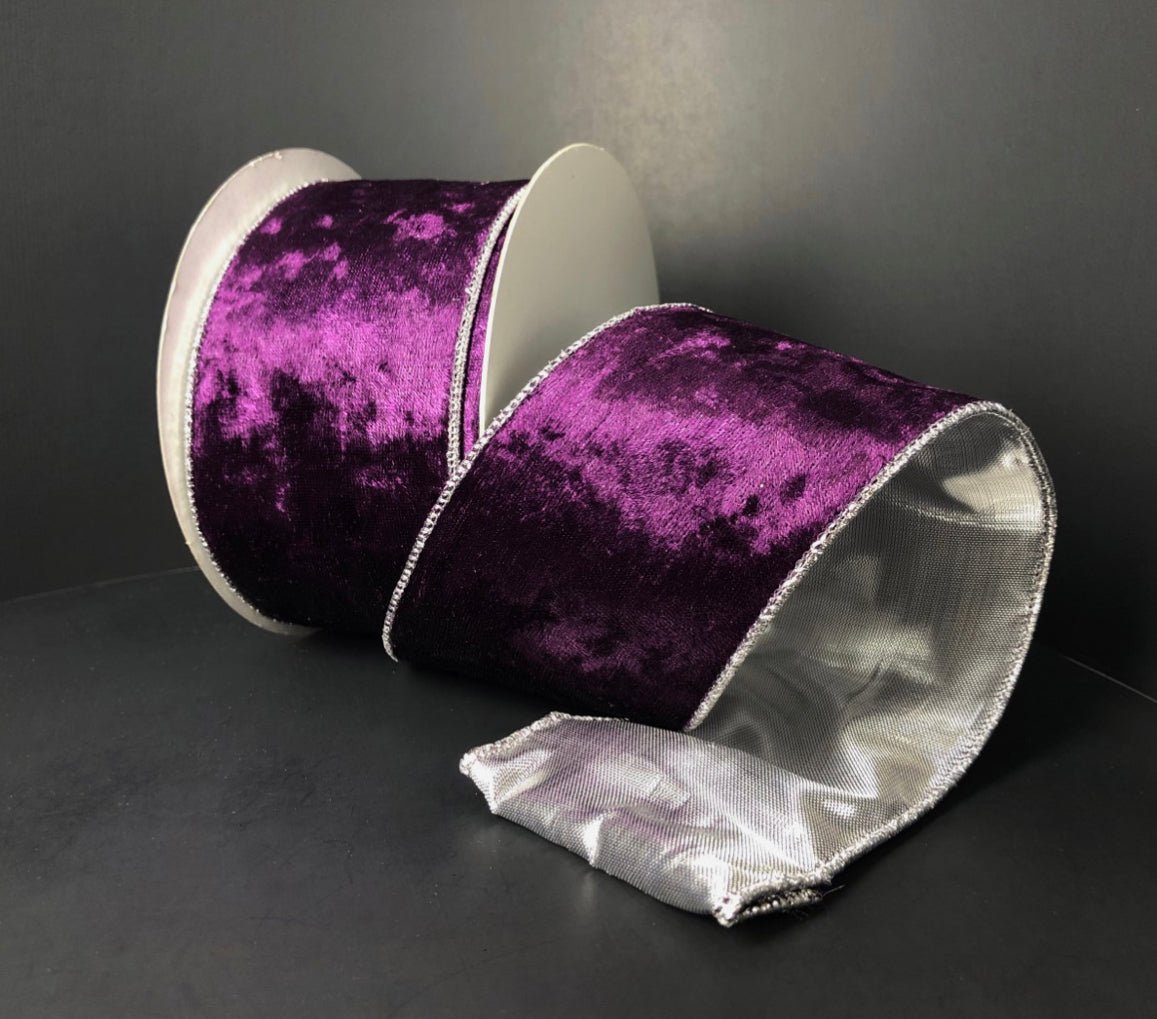 Plum crushed velvet with silver wired ribbon, 2.5"X10Y - Greenery MarketWired ribbonX962340-36