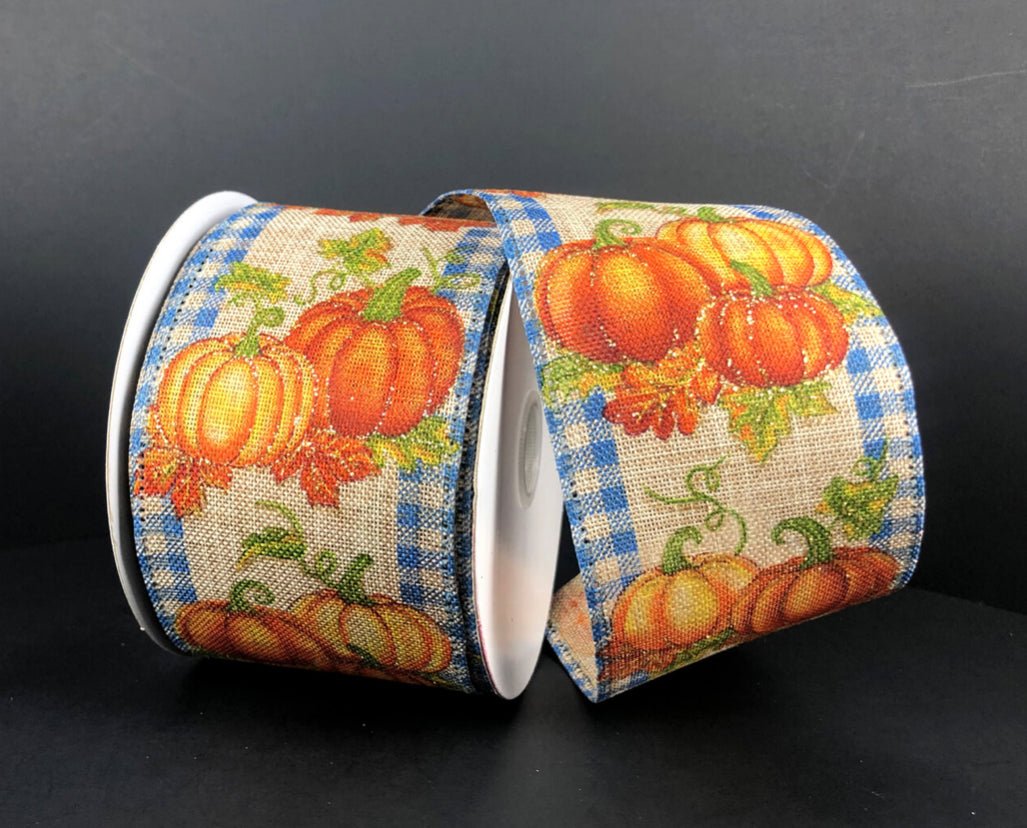 Pumpkins on natural with gingham edge 2.5” wired ribbon - Greenery MarketWired ribbon65201-40-04