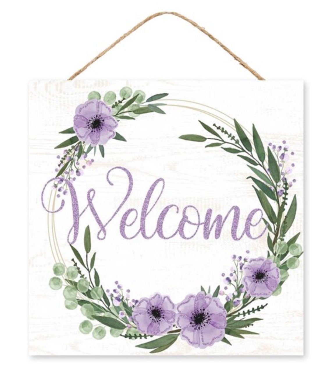 purple and white welcome flower 10” square - Greenery Marketsigns for wreathsAP889213