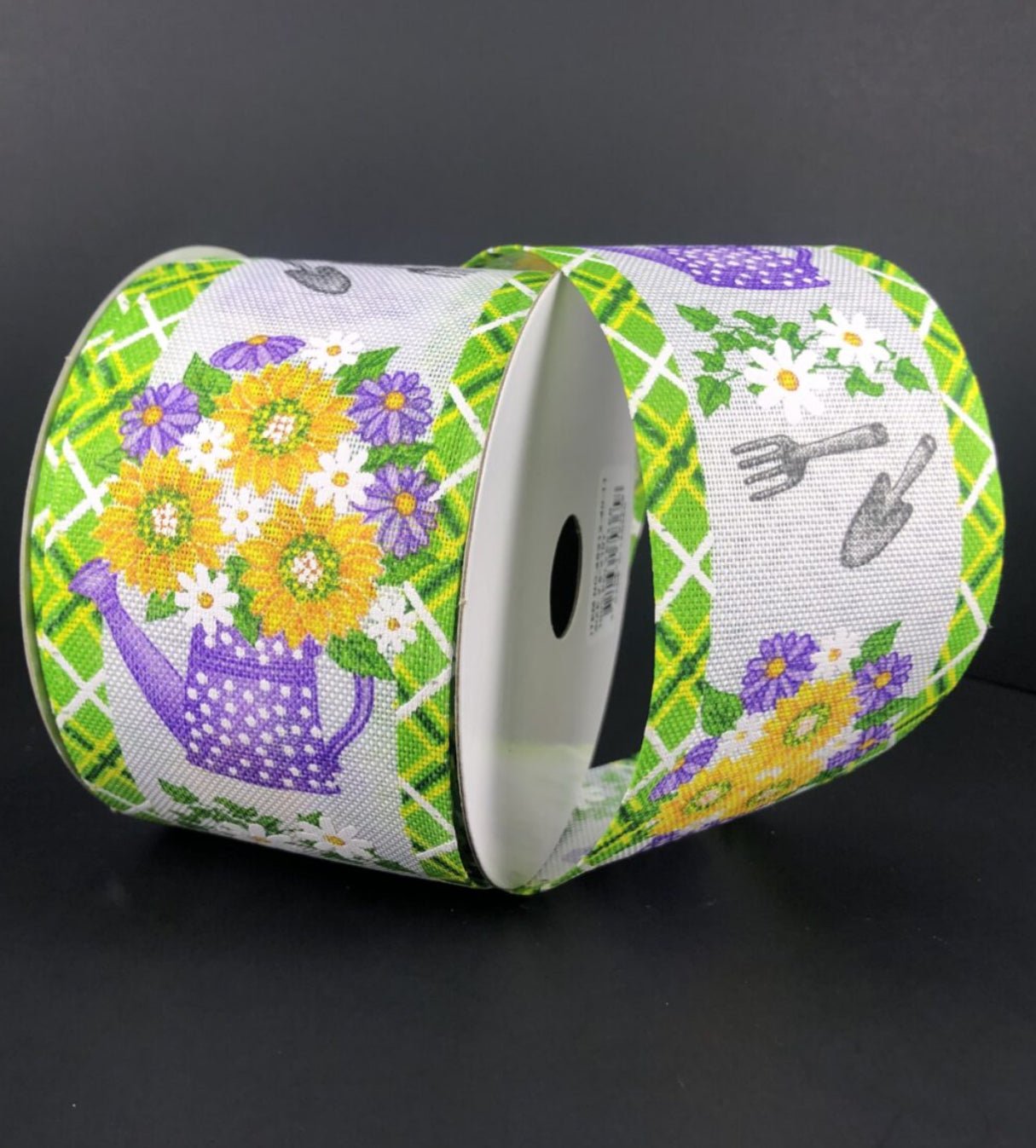Purple Sunflower ribbon with polka dot watering can 2.5” - Greenery MarketWired ribbon45212-40-11