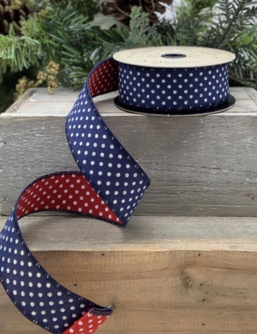 Red and blue Faux linen large and small dots wired ribbon - Greenery Market09-3190