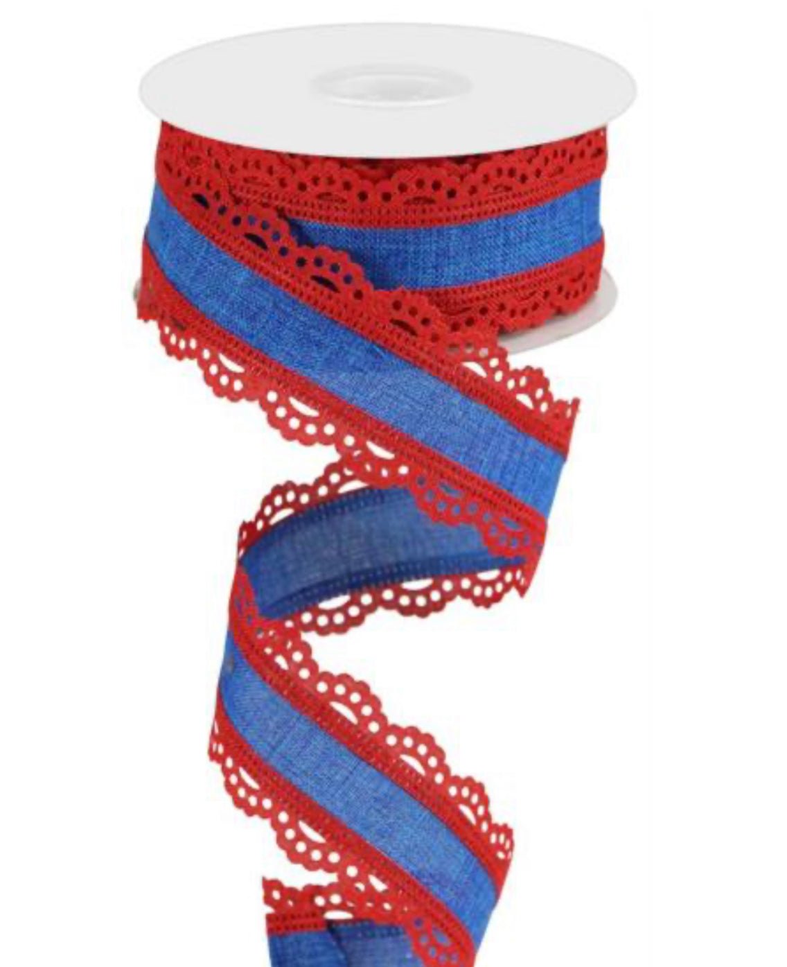 Red and blue wired ribbon with lace edge 1.5”