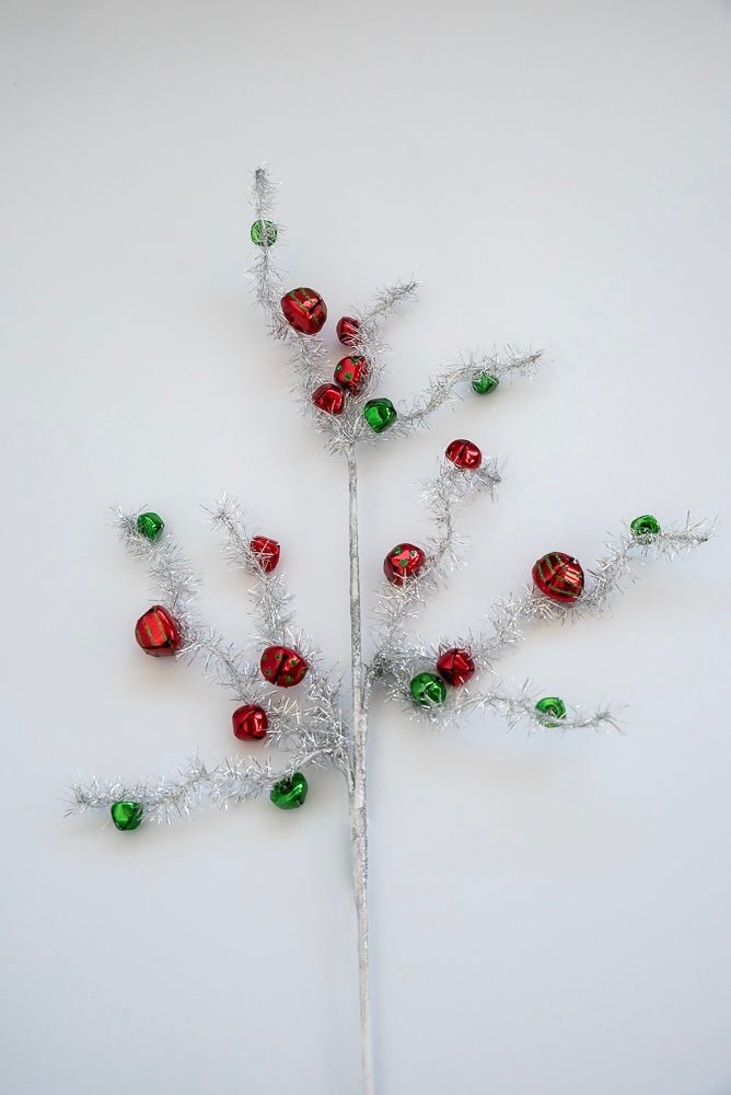 Red and green bells on silver tinsel wired stems - Greenery Market63691