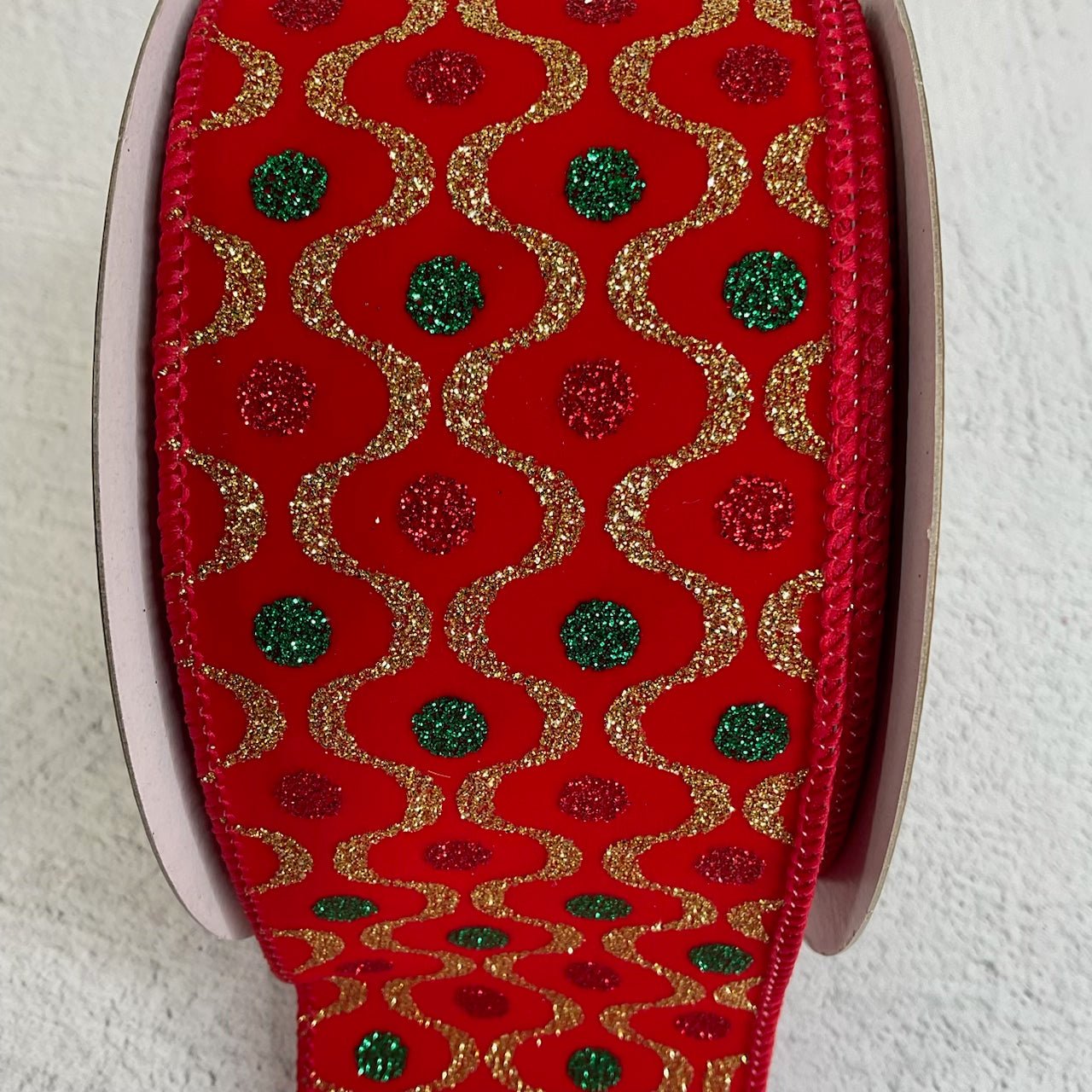 Red and Green dot on red velvet with gold accent - Greenery Marketwired ribbon177387