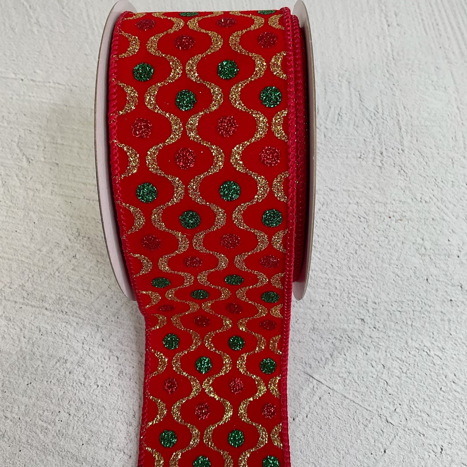 Red and Green dot on red velvet with gold accent - Greenery Marketwired ribbon177387