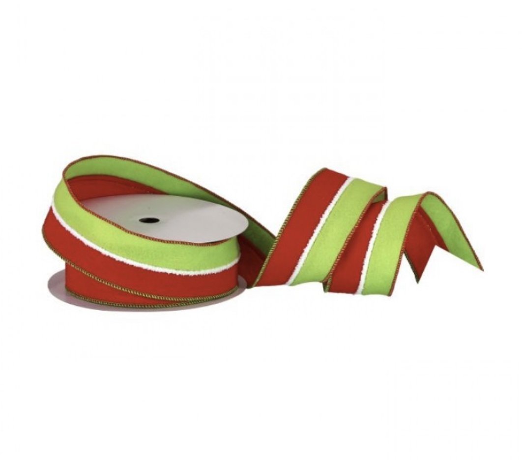 Red and green fur felt stripe wired ribbon - 2.5” - Greenery MarketMTX64987