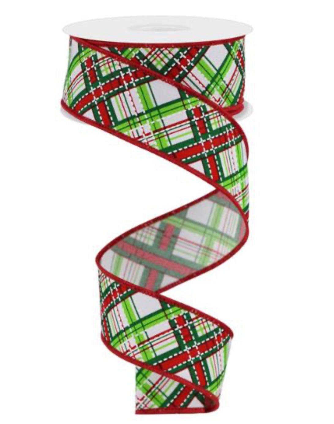 Red and green plaid wired ribbon, 1.5