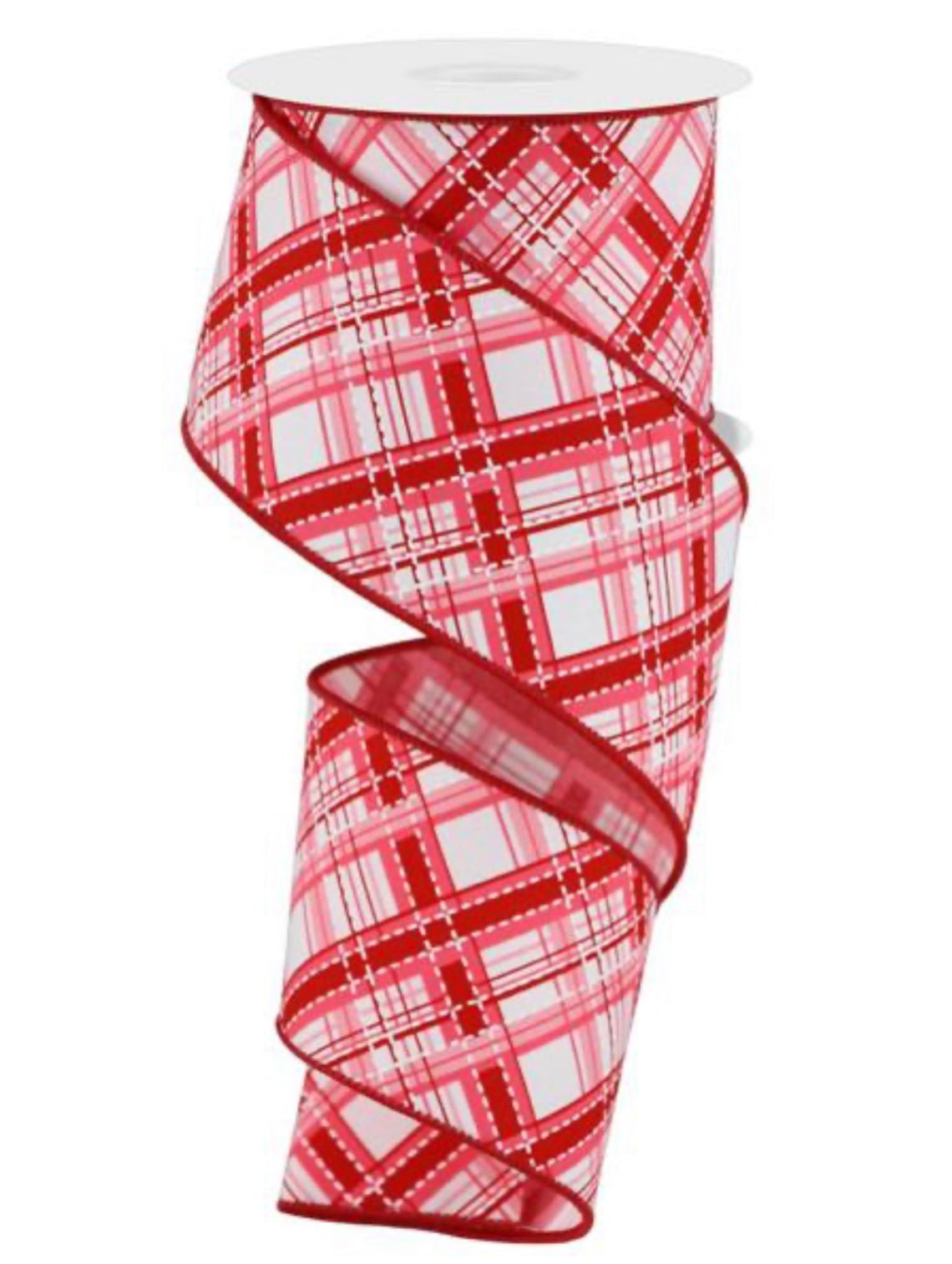 Red and pink plaid wired ribbon, 2.5