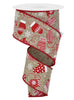 Red and white mittens and flakes on natural wired ribbon 2.5” - Greenery MarketRGE197001