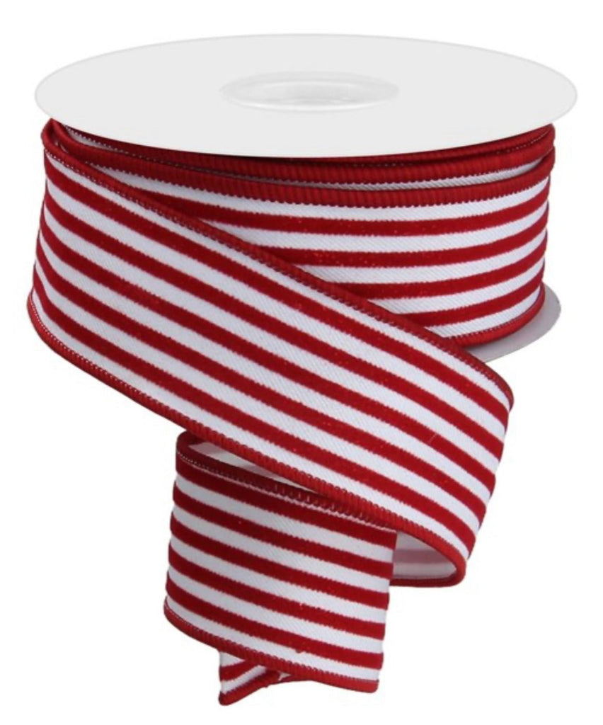 Red and white velvet stripe wired ribbon - 1.5” - Greenery Market