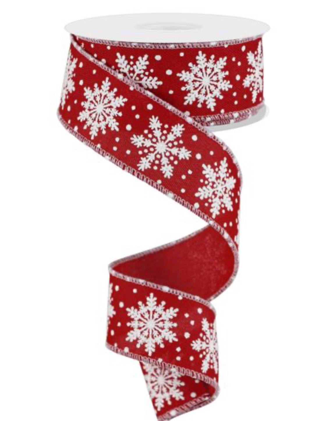 Red and white snowflakes wired ribbon , 1.5