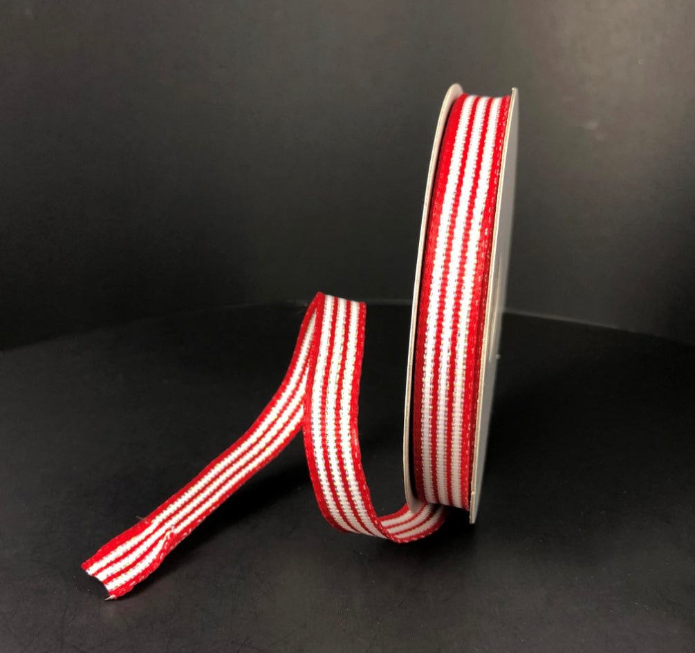 Red and white stripe wired skinny ribbon, 3/8