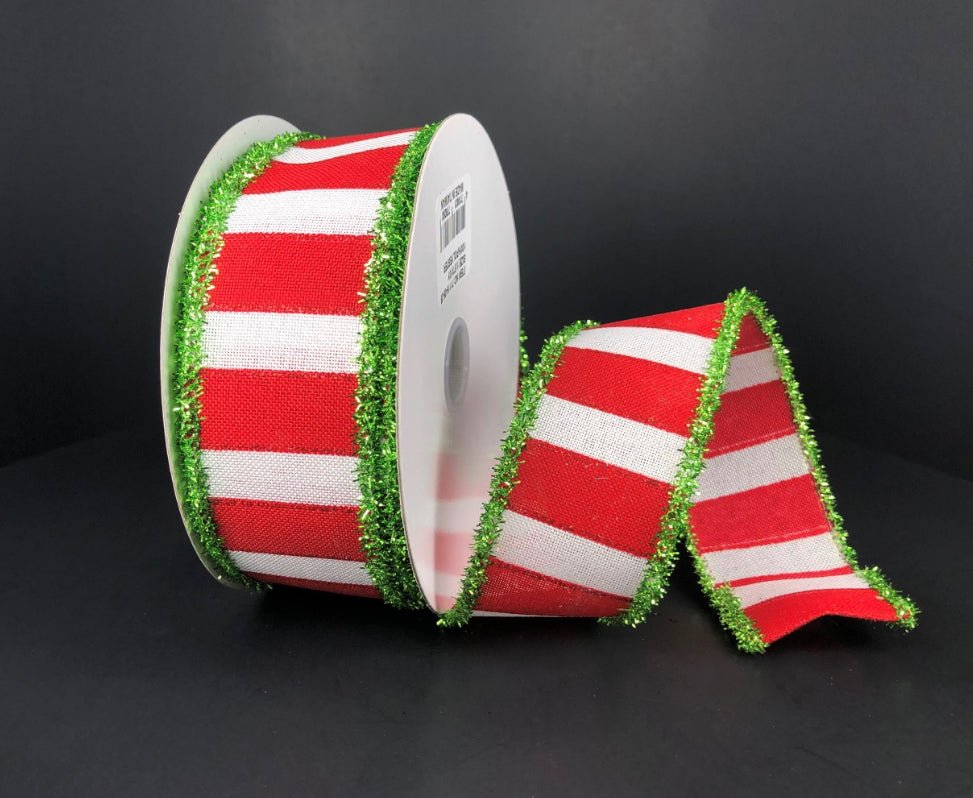 Red and white stripe with tinsel edge wired ribbon 1.5” - Greenery MarketWired ribbon71116-09-29
