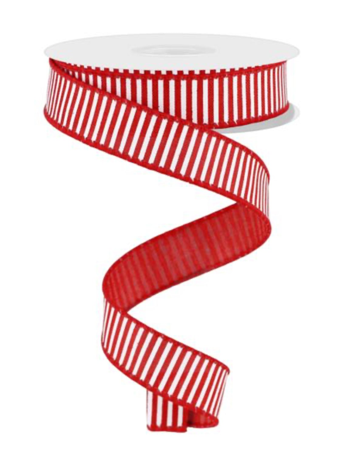 Red and white striped skinny wired ribbon, 7/8