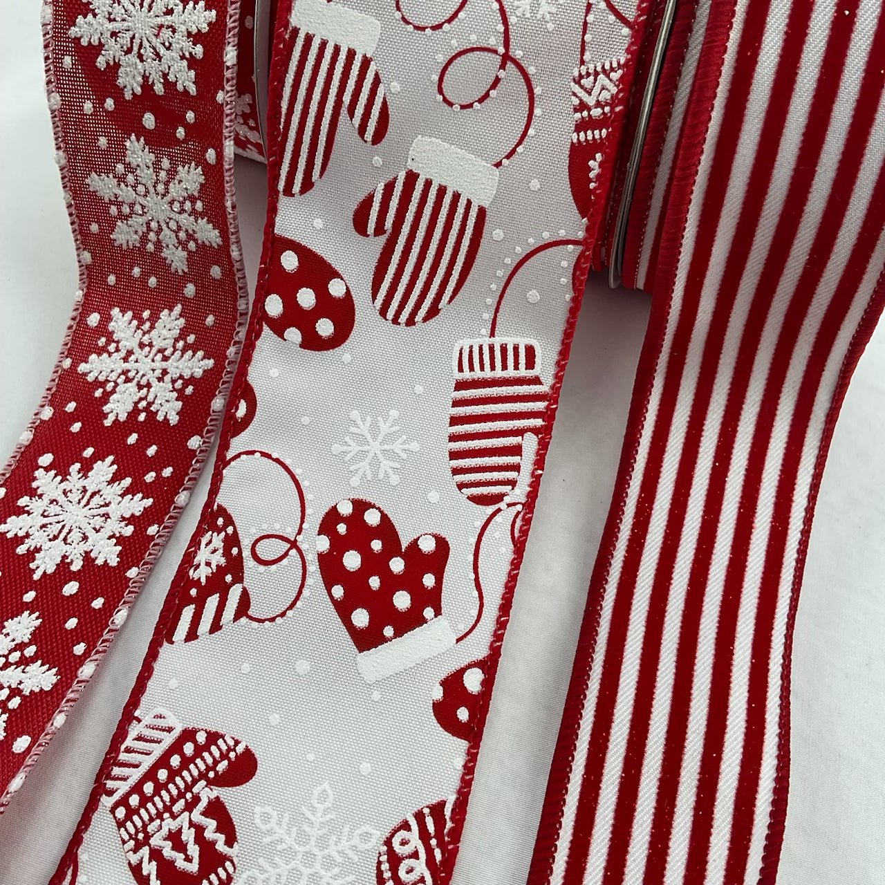 Red and white winter mittens bow bundle x 3 ribbons - Greenery Market
