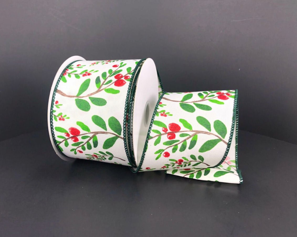 Red berries and greenery wired ribbon 2.5” - Greenery MarketWinter and Christmas71264-40-07