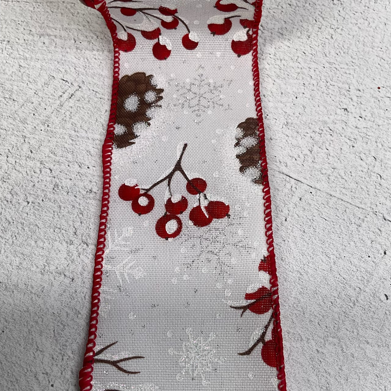 Red berries and snow pinecone wired ribbon 2.5” - Greenery MarketRibbons & Trim179622