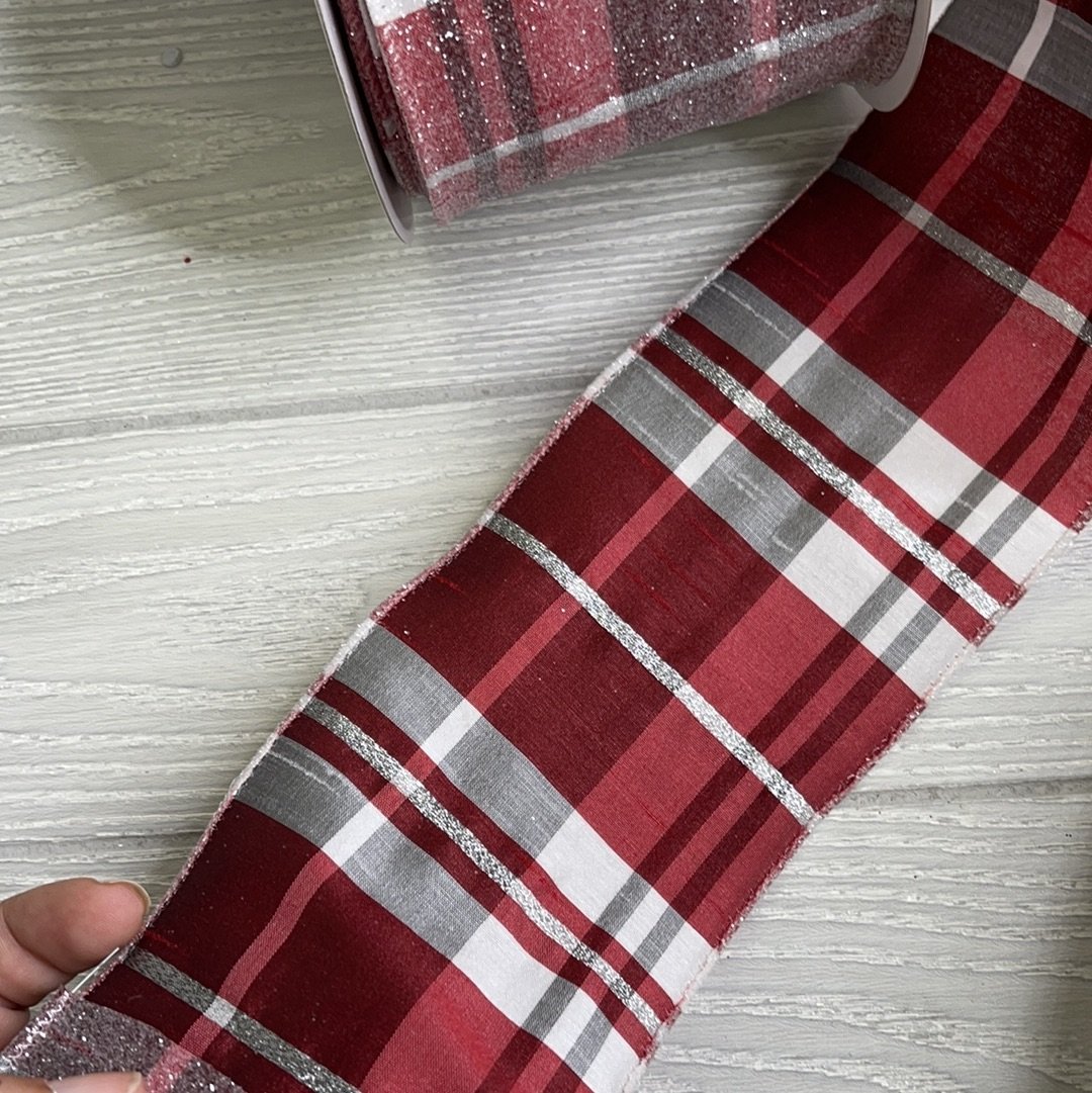 Red, Black and white grand plaid 4” wired ribbon with iced glitter - Greenery Market Wired ribbon