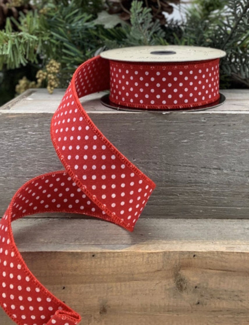 Red Faux linen large and small dots wired ribbon - Greenery Market
