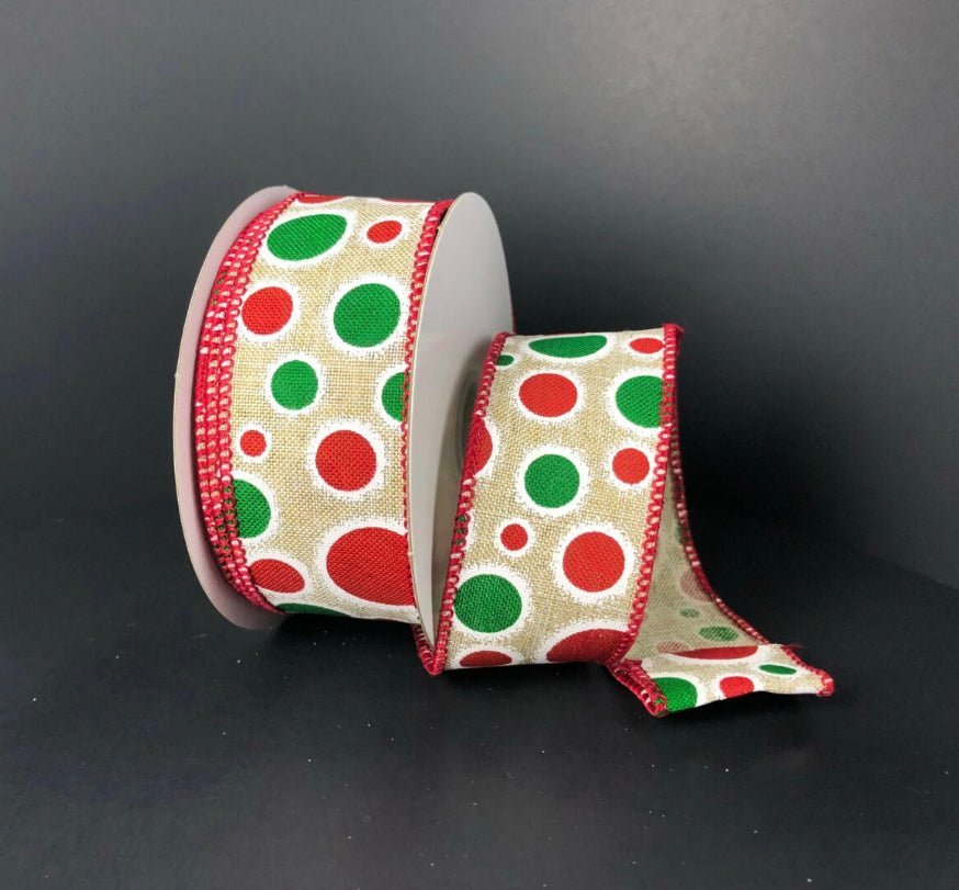 Red, green, and white dot wired ribbon , 1.5