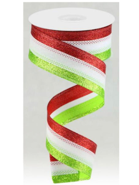 Red green and white stripe wired ribbon, 1.5” - Greenery Market