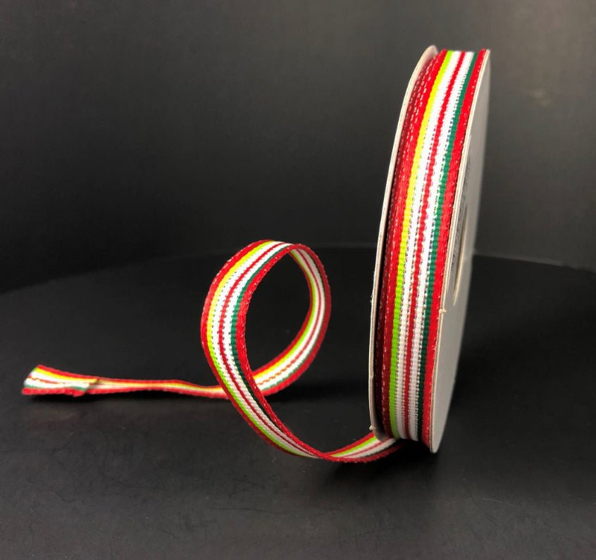Red, green, and white stripe wired skinny ribbon, 3/8