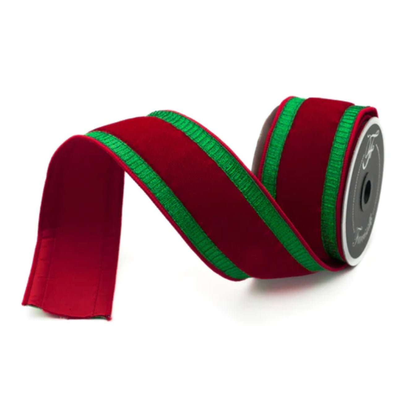Red plush velvet with green metallic pleated edge 2.5” farrisilk