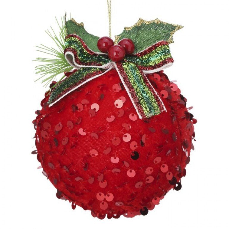Red sequin ball ornament with bow - Greenery MarketMTX71999 red