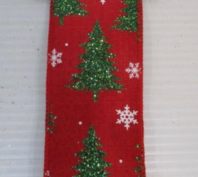 Red with glittered Christmas trees wired ribbon 2.5” - Greenery MarketRibbons & Trim179149