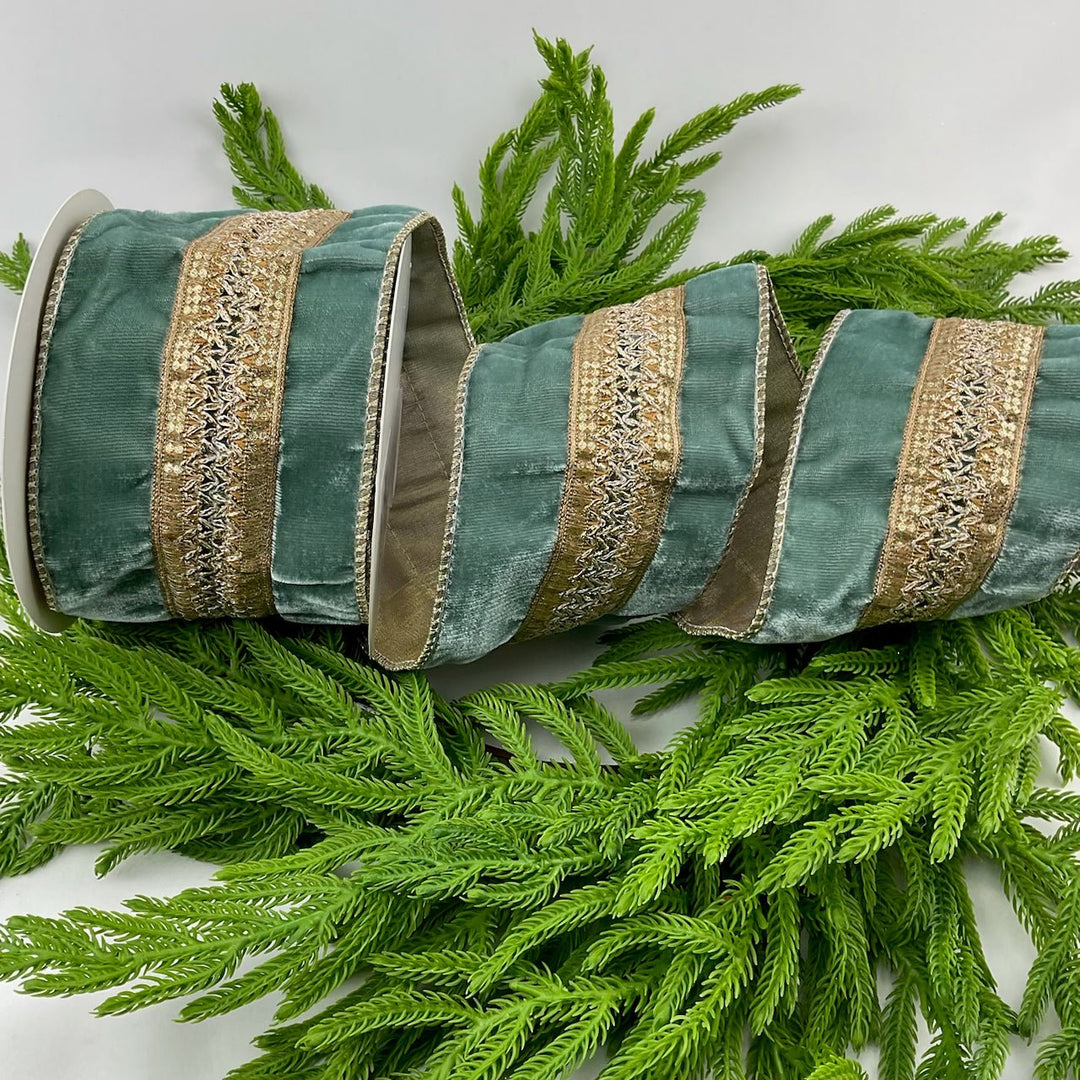 Sage green velvet with trim wired ribbon 4” - Greenery Market9740266