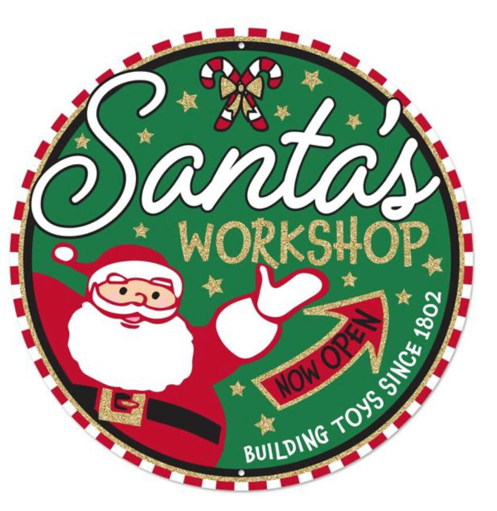 Santa’s workshop Christmas metal 12” round sign - Greenery Market