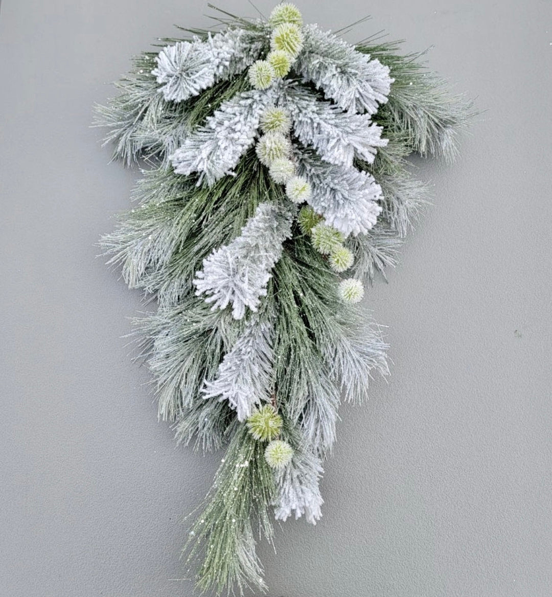 Shimmering, pompom flocked swag with snowy thistle 29” - Greenery Market26046