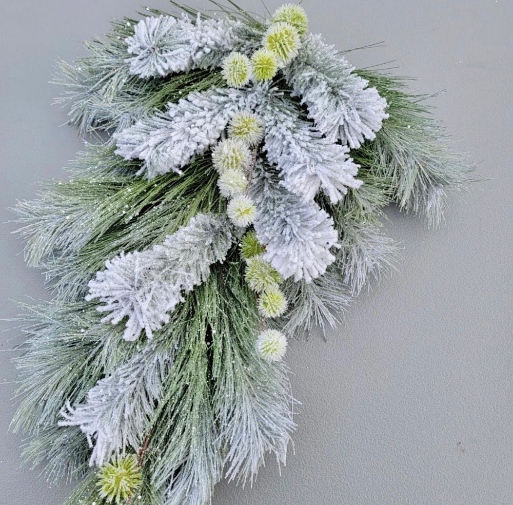 Shimmering, pompom flocked swag with snowy thistle 29” - Greenery Market26046