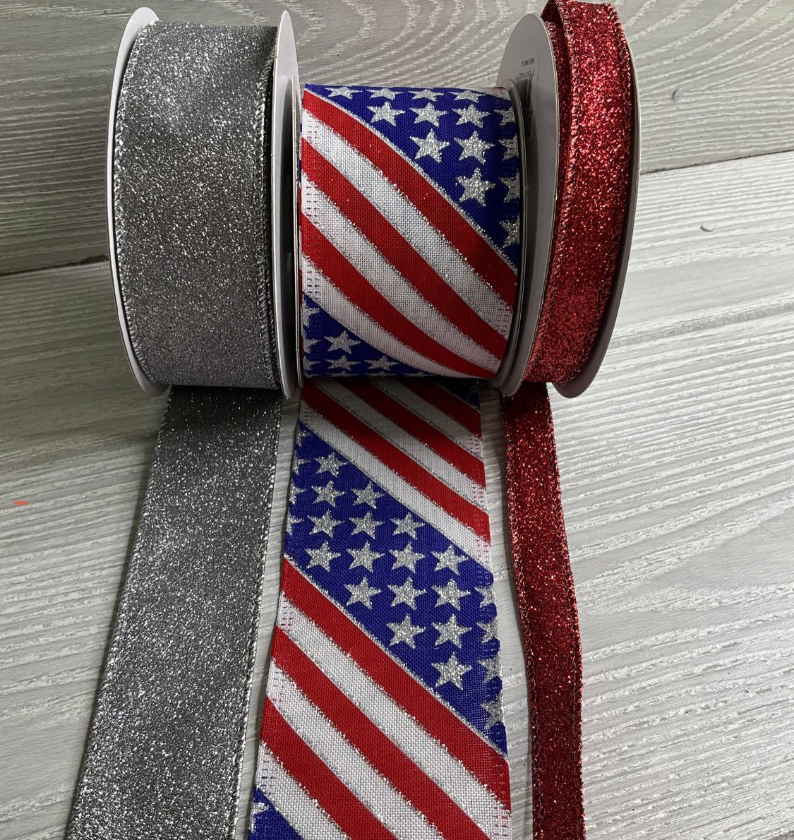 Silver and stars Patriotic bow bundle x 3 ribbons - Greenery MarketWired ribbon