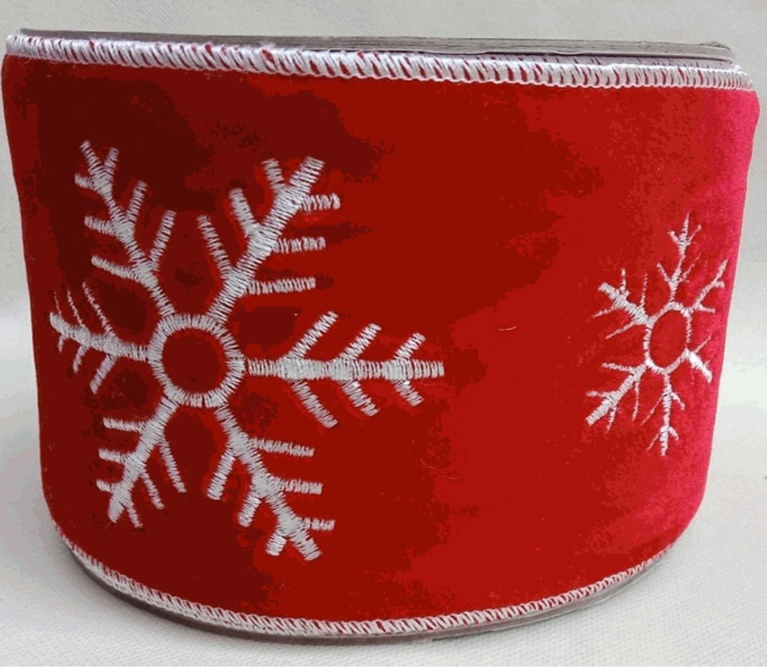 snowflake on red velvet 4” wide wired ribbon - Greenery MarketWired ribbon137982