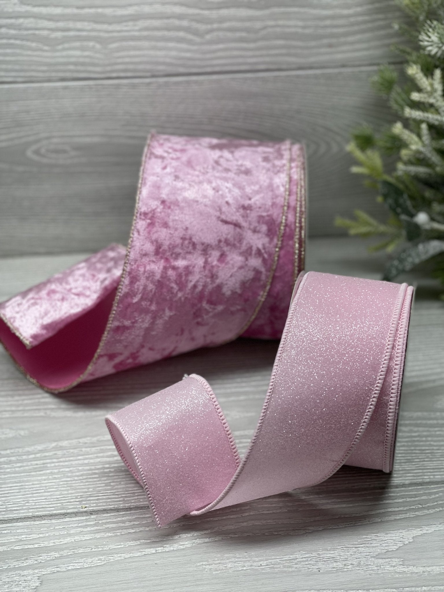 Soft Velvet Dusky Pink / Sage Ribbon With Gold / Silver Speckled Foil Print
