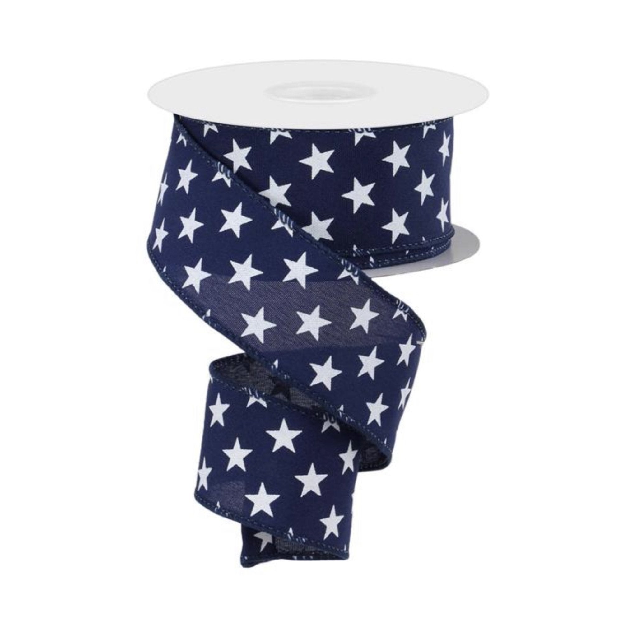 Stars on navy blue wired ribbon 1.5” - Greenery MarketWired ribbonRGE111619