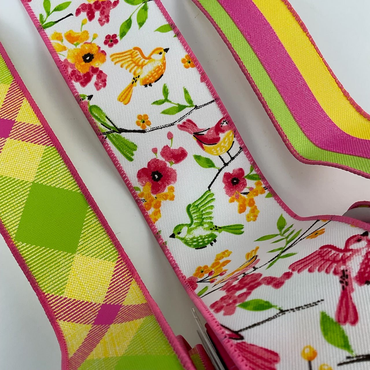 Summer pink, yellow, and lime green floral bow bundle x 3 wired ribbons - Greenery MarketWired ribbonBirdsx3