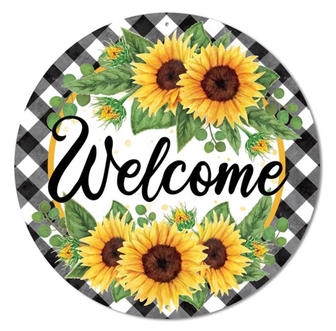 Sunflower and gingham plaid welcome metal, round sign - Greenery Market Seasonal & Holiday Decorations