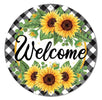 Sunflower and gingham plaid welcome metal, round sign - Greenery Market Seasonal & Holiday Decorations