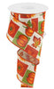 Sunflower and pumpkin block pattern ribbon on cream 2.5” - Greenery MarketWired ribbon68104-40-08