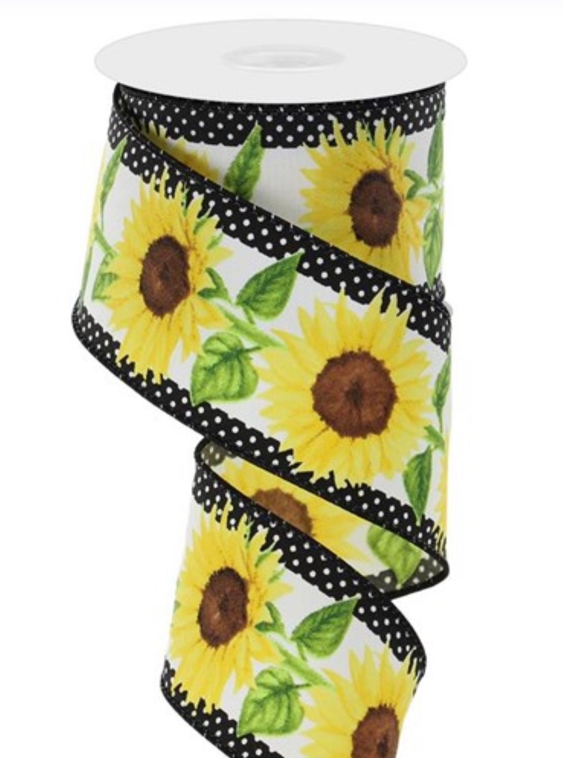 Sunflower ribbon with black and white polka dots 2.5” - Greenery MarketWired ribbonrge110527