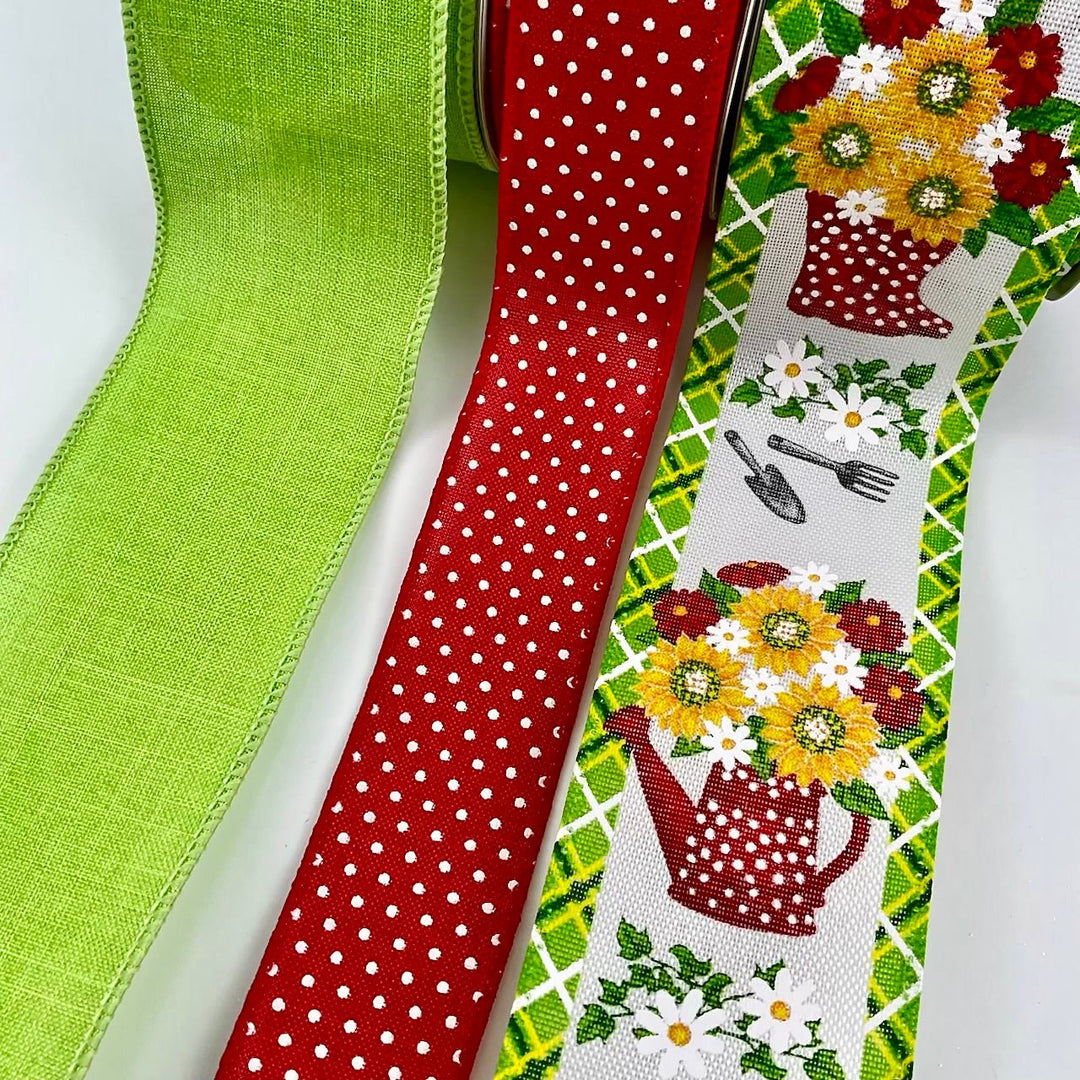 Sunflower with red watering can bow bundle x 3 wired ribbons - Greenery MarketWired ribbonRedcanx3