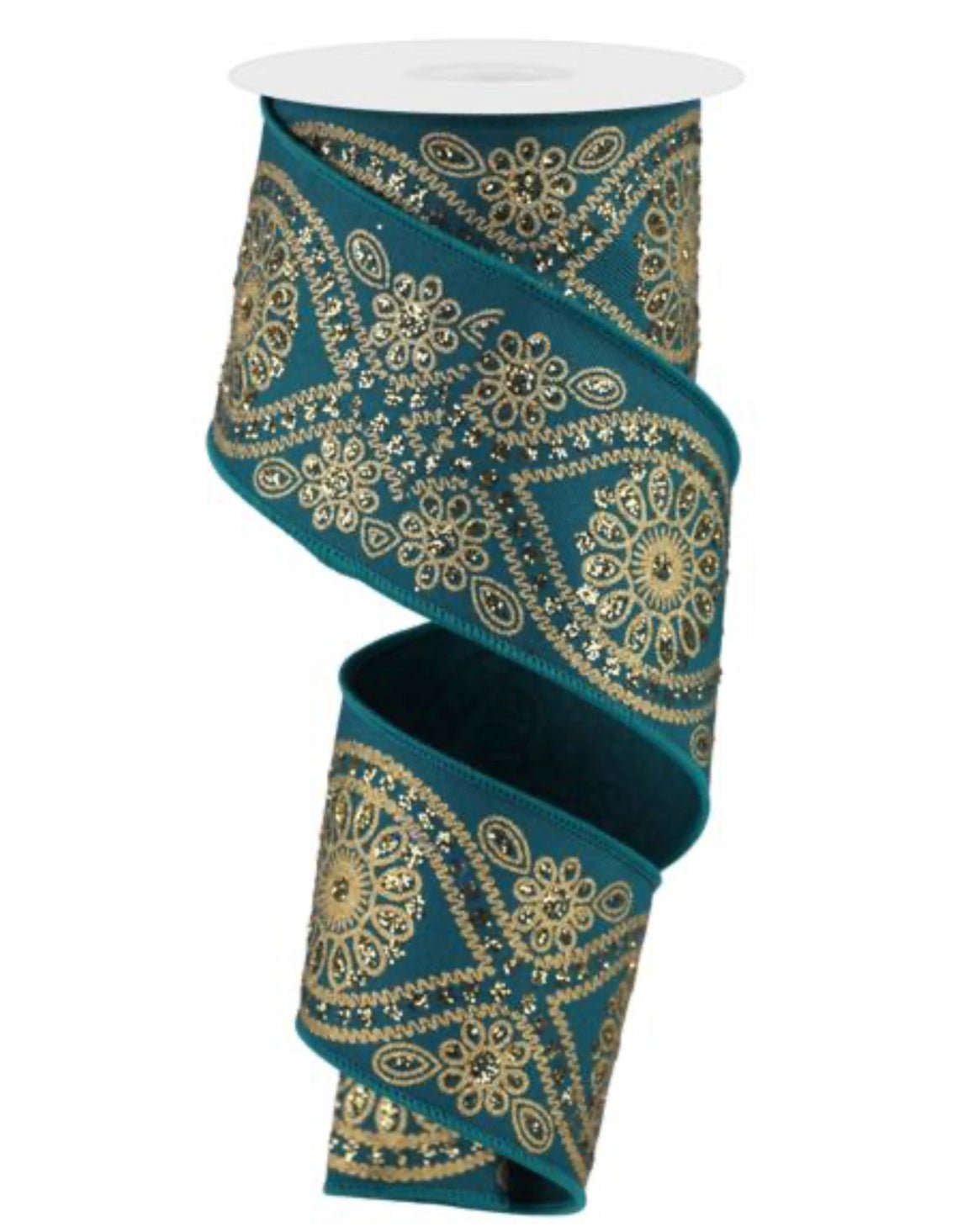 Teal with gold floral wired ribbon 2.5” - Greenery MarketWired ribbonRGE196271