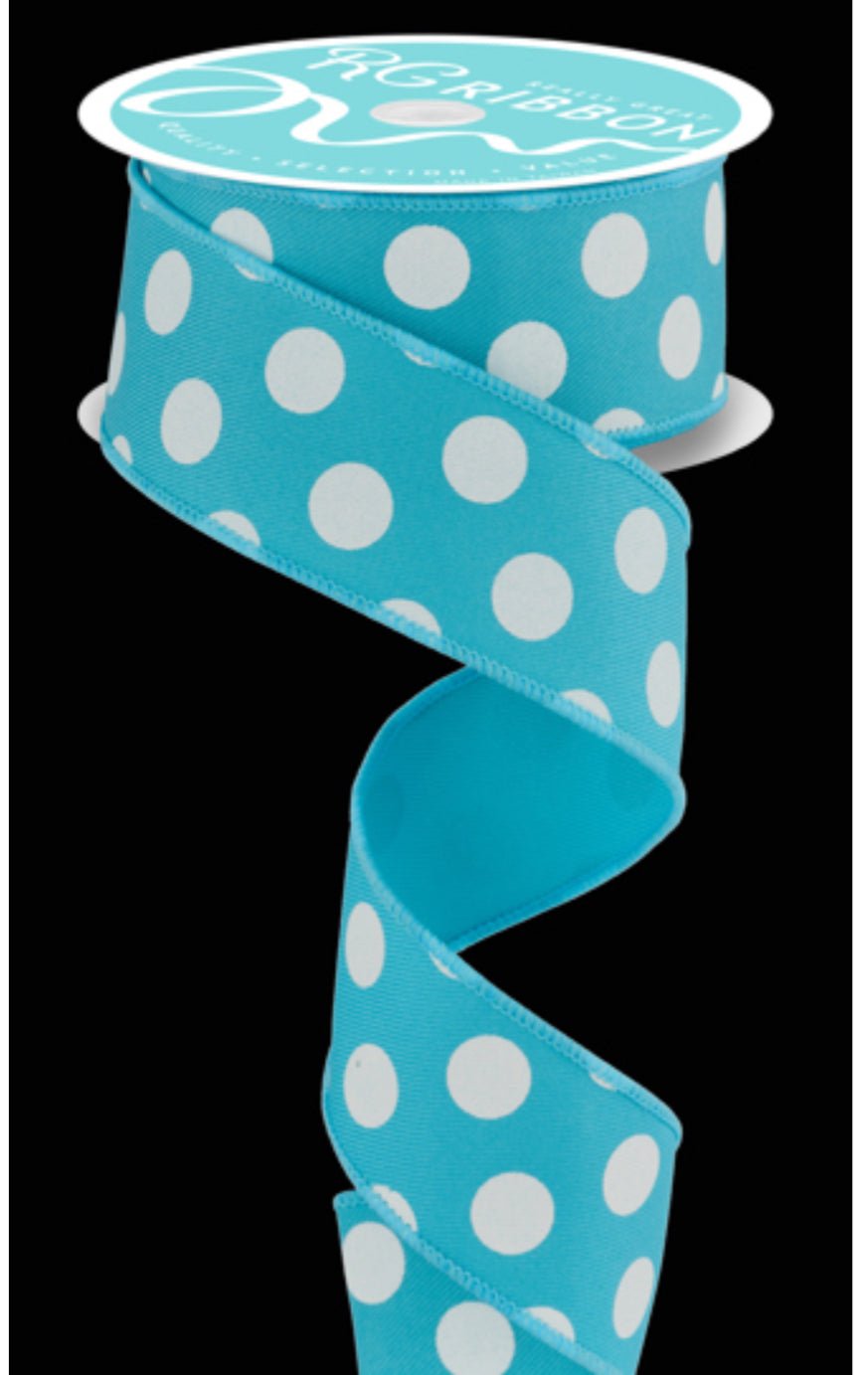 Turquoise with white polka dots wired ribbon 1.5